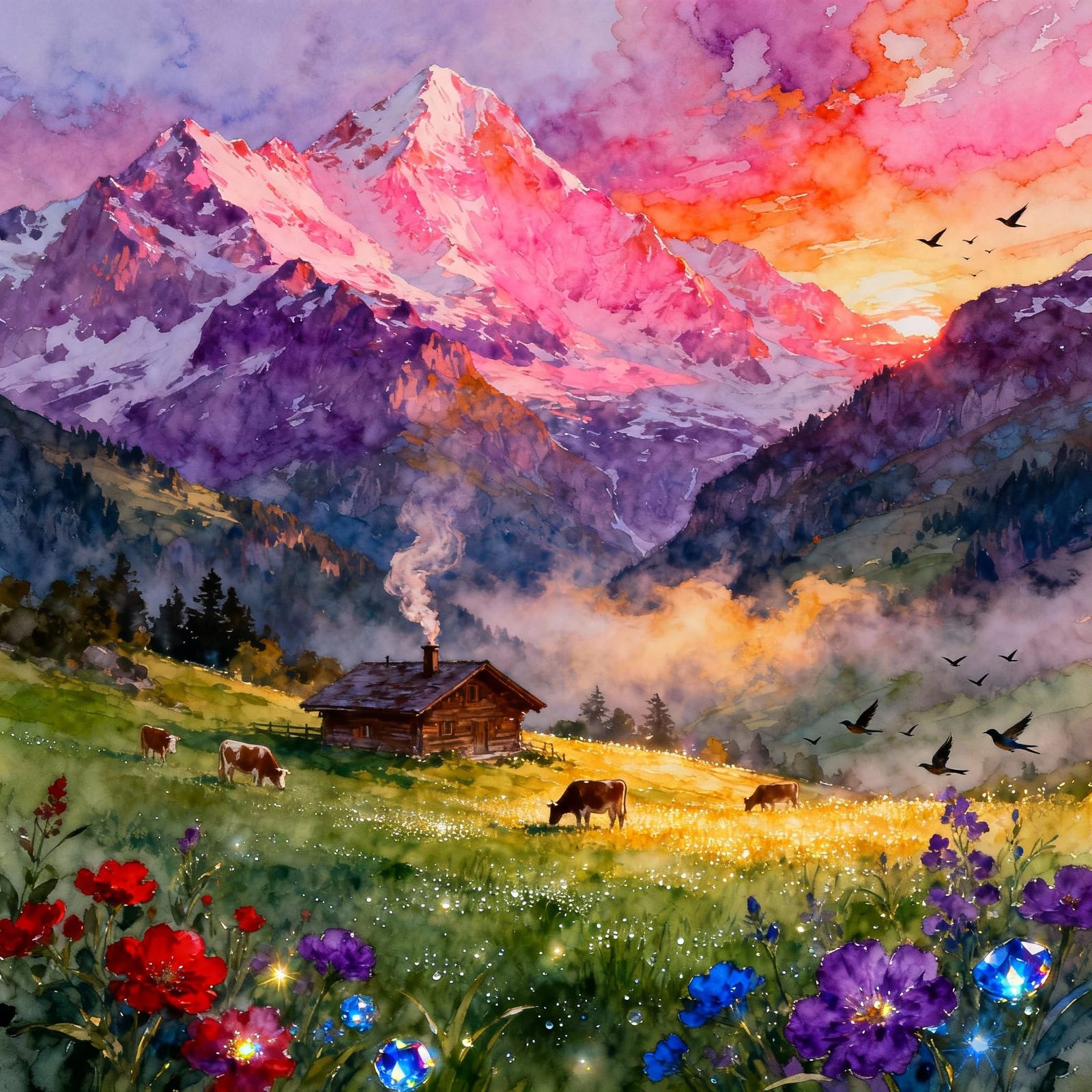 Dreamlike Swiss Alps Dawn in Expressive Watercolor Style