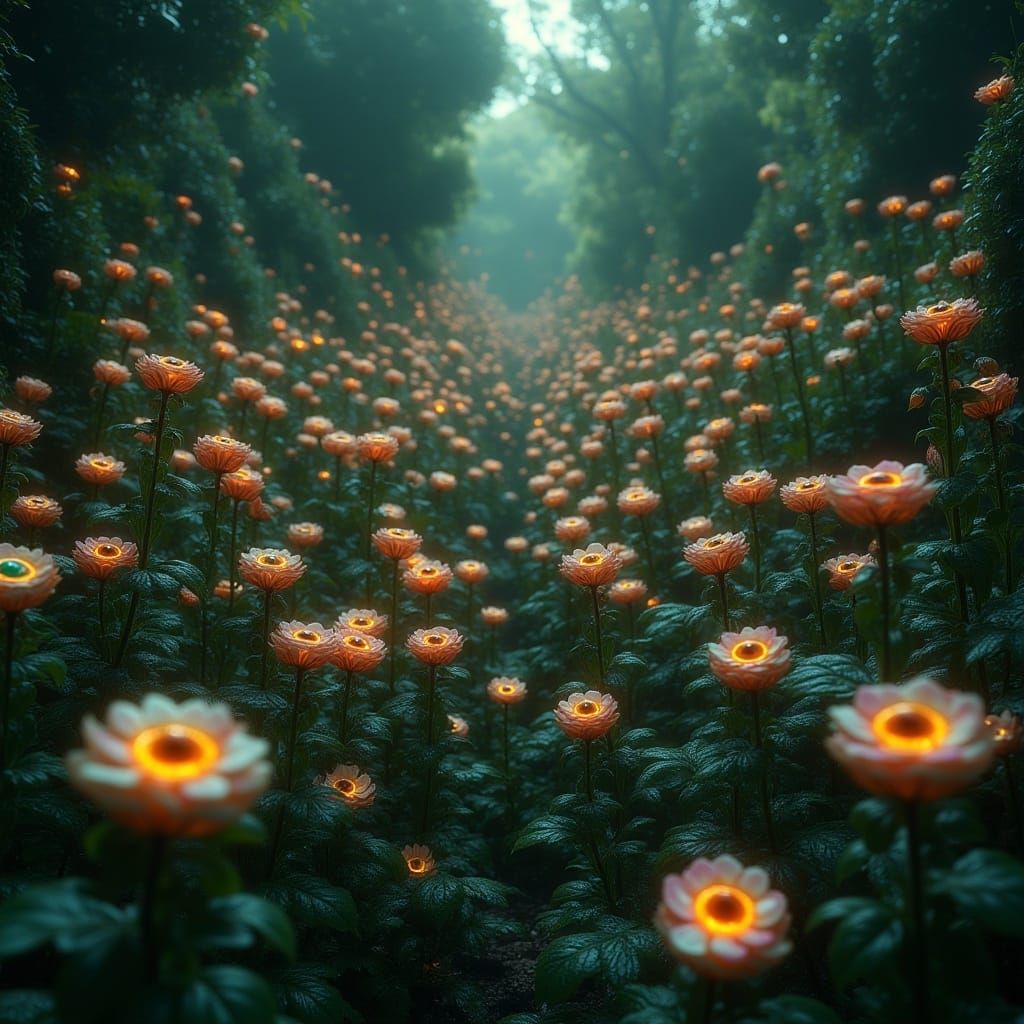 <lora:MJ6-1 FluxSurreal:1.0> A garden where flowers bloom with eyes instead of petals, surrealism, cinematic atmosphere, mind-bending murals...