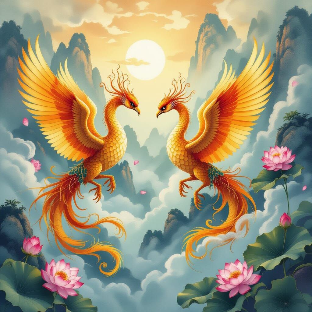 Mythical Phoenix and Cobra Embrace in Celestial Ink Wash Art