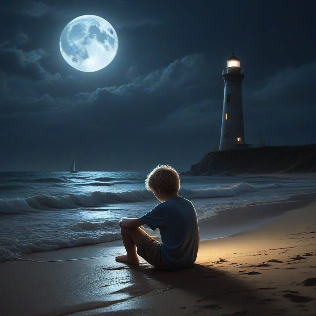 Sad Boy on Beach Under Moonlight with Lighthouse Beam