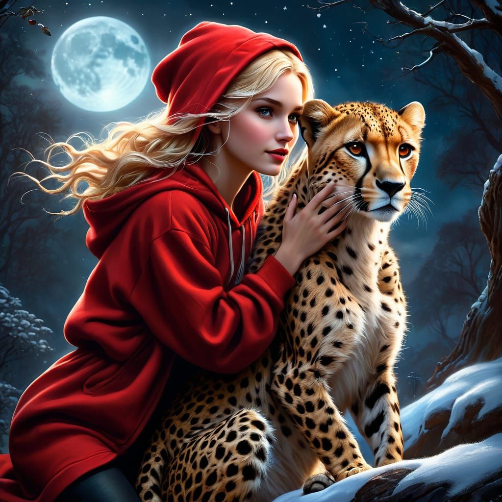 A beautiful girl is sitting with a Cheetah