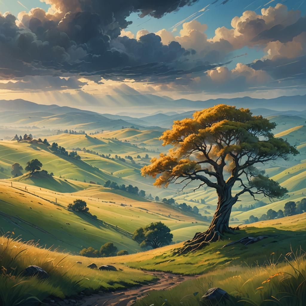 Lone Tree in Fantasy Landscape Oil Painting