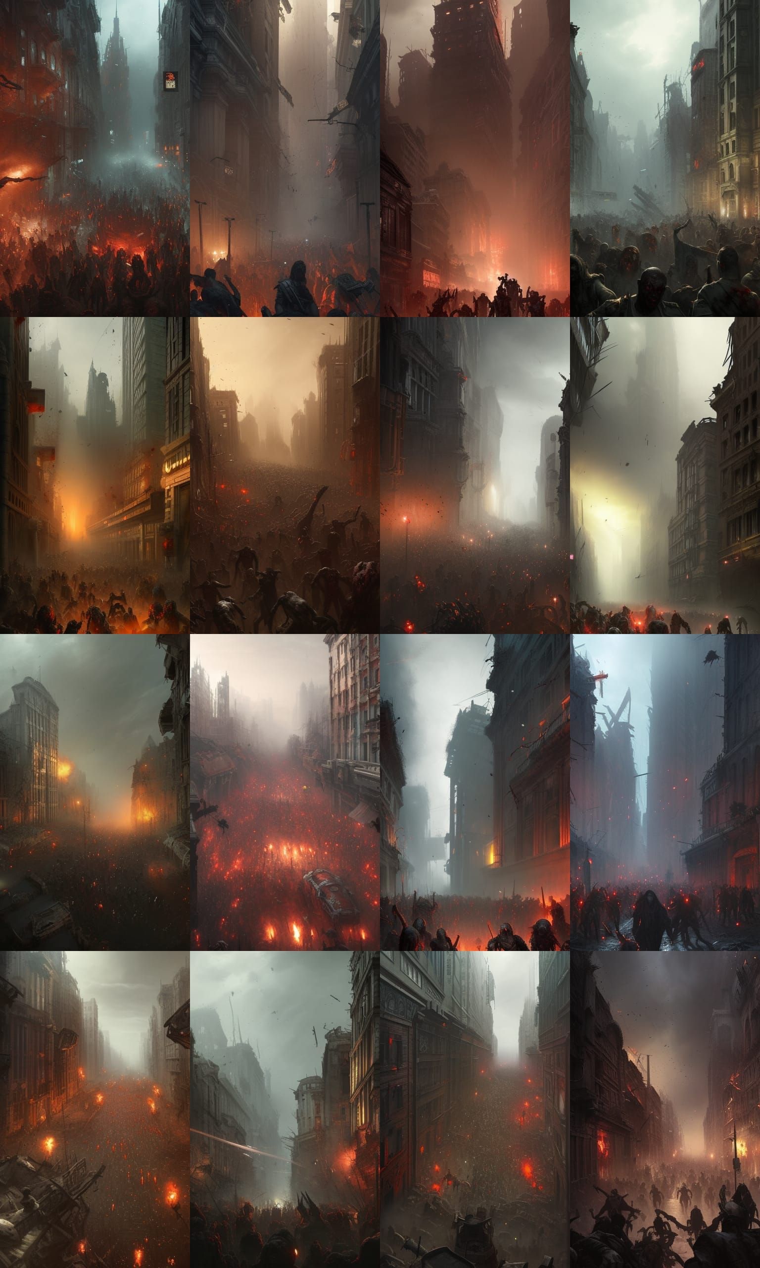 a huge horde of zombies through the streets of a city in rui...