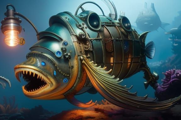 "steampunk engine angler_fish!!", glossy, Eldritch, coral re...