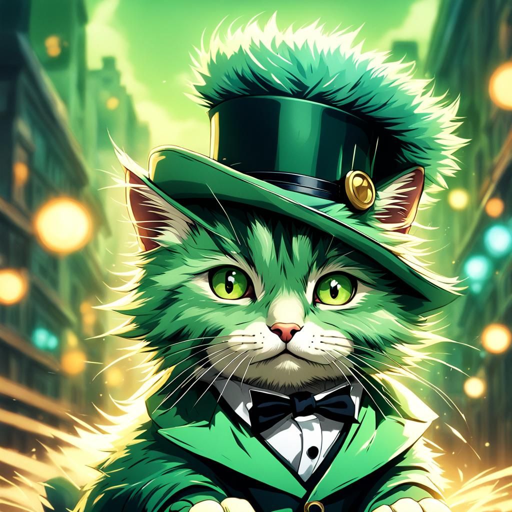 A fluffy green furred kitten wearing a bowler hat Masterpiec...