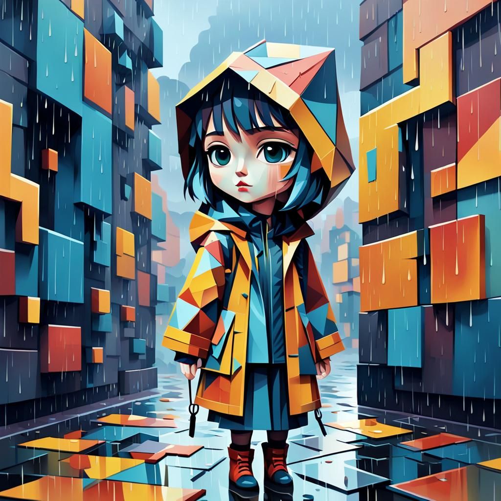 a 3d cubist style rendering of a adorable chibi style girl in a rain coat on a rainy fall day # 2 cubist ...  by @fluffy