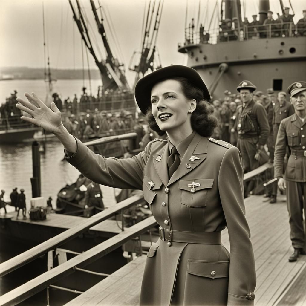 waving  off husband on troop ship, going to war 1939, Mother  on docks,   Howard Hawks type film still ...  by @Len H