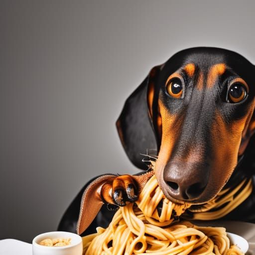 A dachshund eating pasta