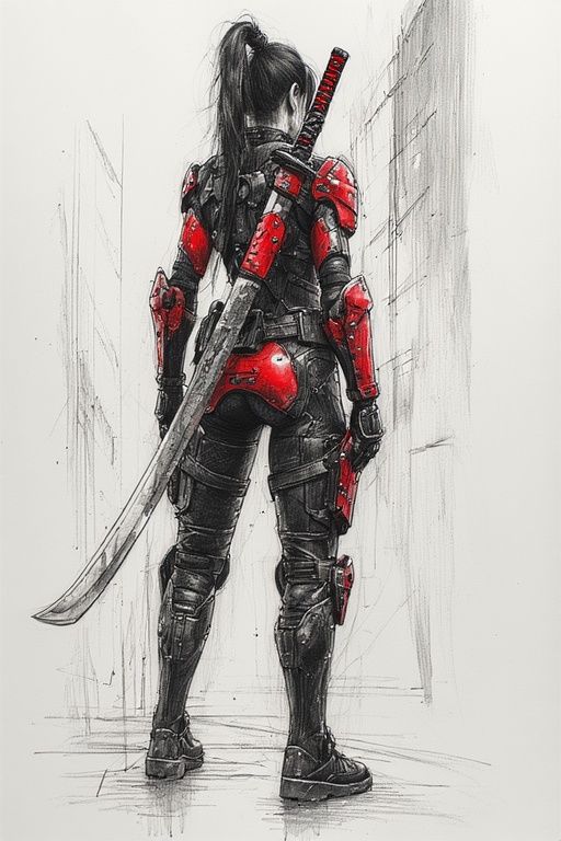CYBERPUNK ANIME WOMAN IN A RED AND BLACK BODY ARMOR WITH A K...