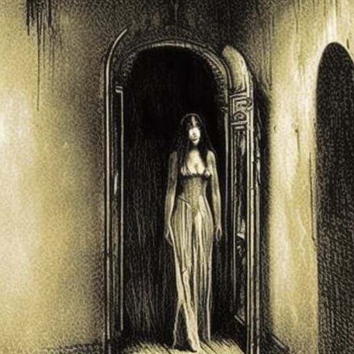 goth girl, perfect face, walking through a haunted house