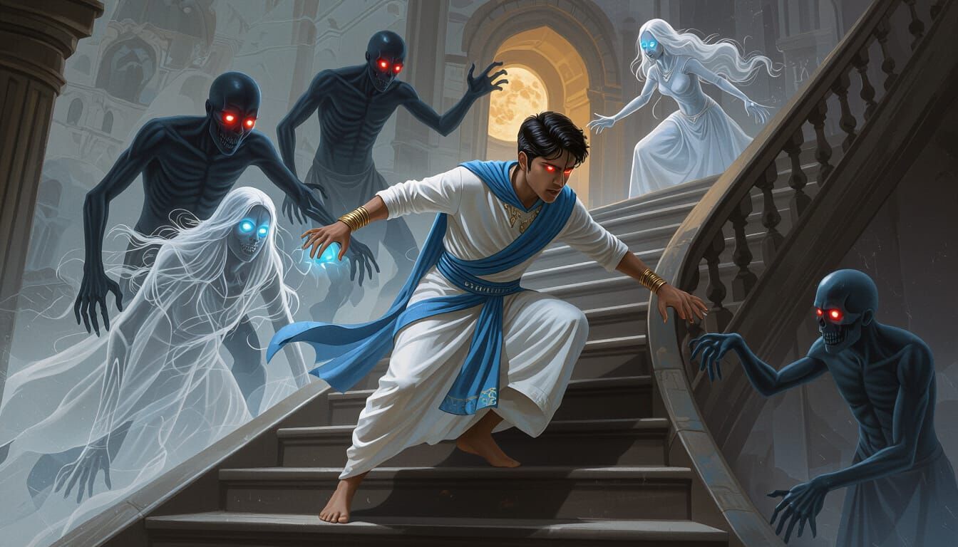 Chandraveer Battling Shadowy Figures on Stairs