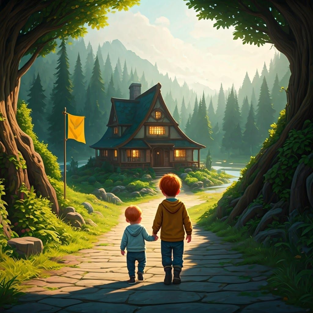 Siblings Walk Hand in Hand Towards Home in Whimsical Fantasy...