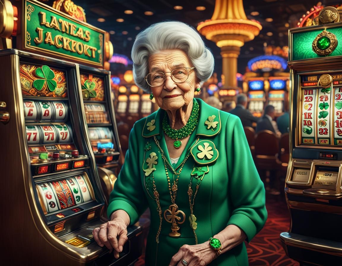 old lady wearing a four-leaf clover brooch and horseshoe necklace winning the jackpot on a slot machine ...  by @BEAR