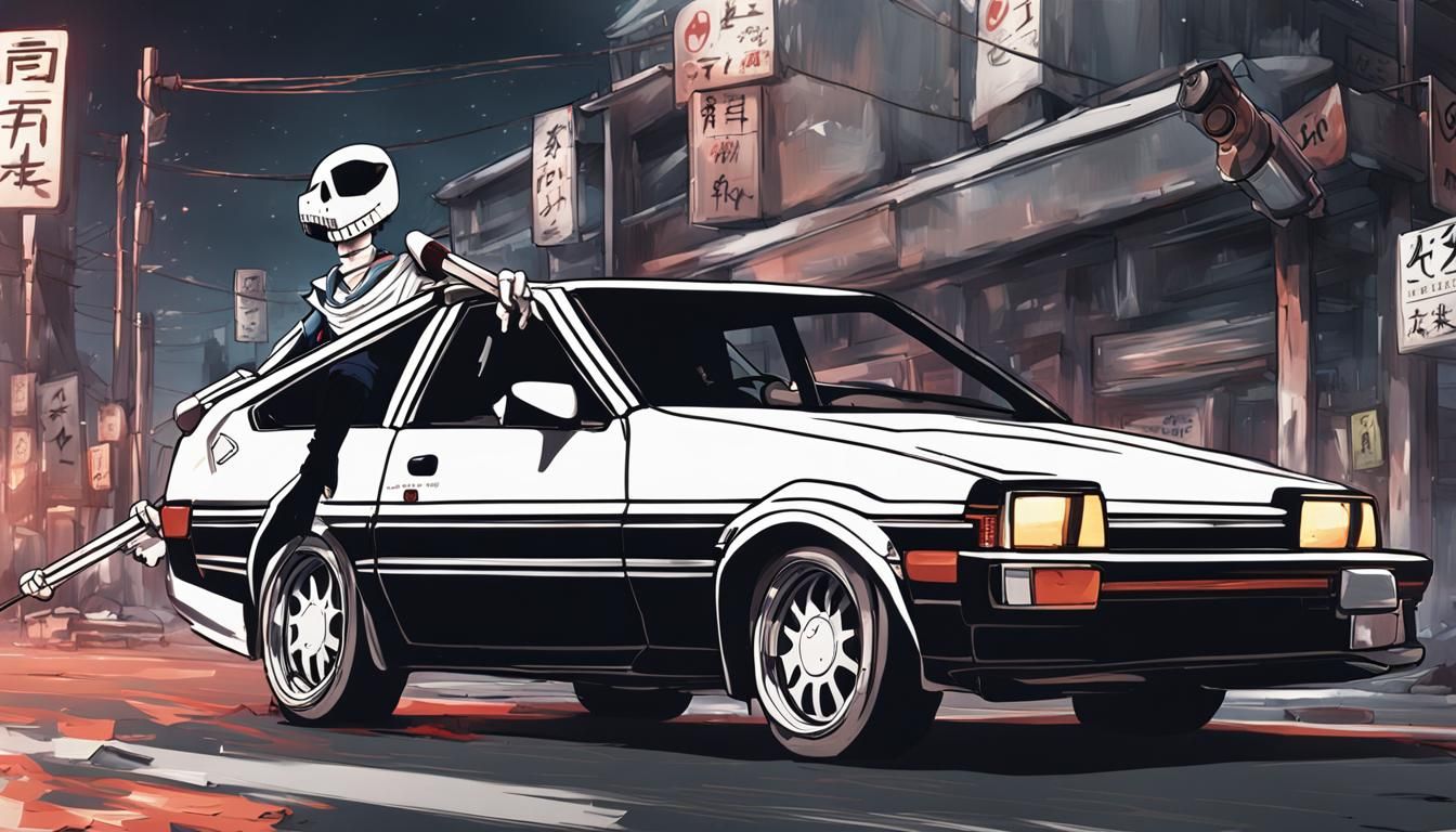 Anime still depicting Undertale's Papyrus driving a toyota a...