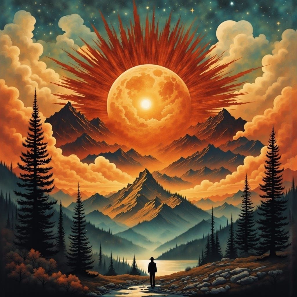 <lora:mystic flux:1.0> double exposure, copper red sun, Yellowstone Park geezer   by @NekoNesto