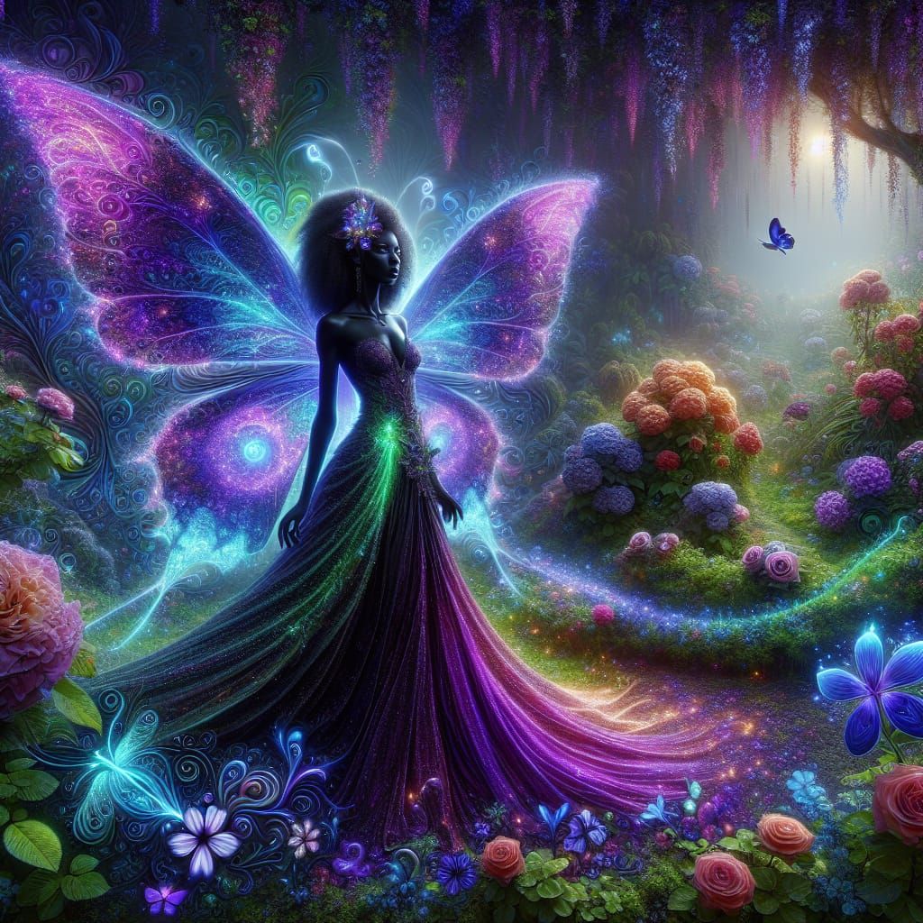 A fantastical scene of a woman with butterfly wings standing...