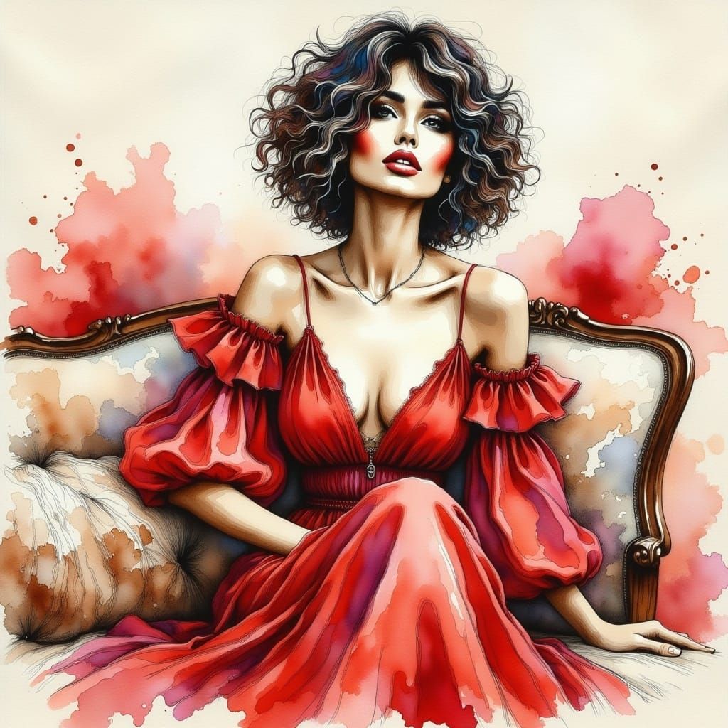 <lora:WatercolorPaintiFlux:1.0> Woman, black short curly hair, red dress,, style boho, sitting on sofa , 
