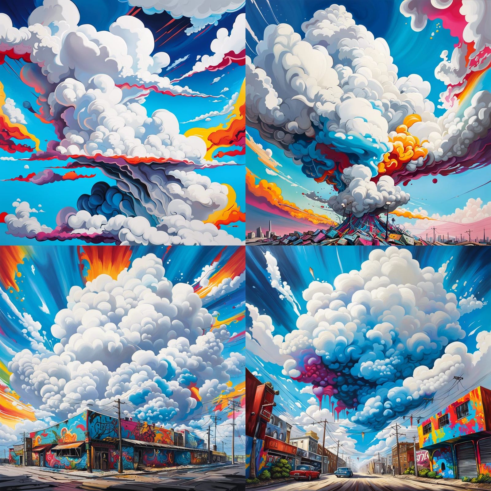 Big blue sky, white billowing clouds, graffiti art, splash art, street