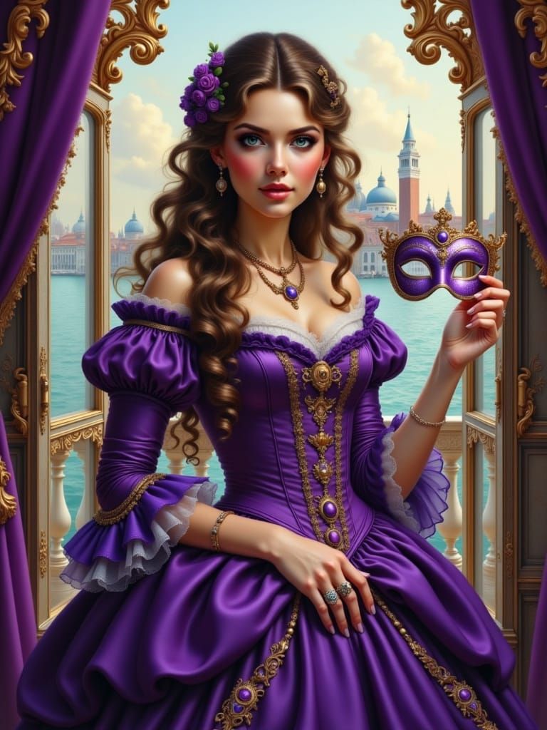 Baroque Woman in Purple Gown Holding Venetian Mask