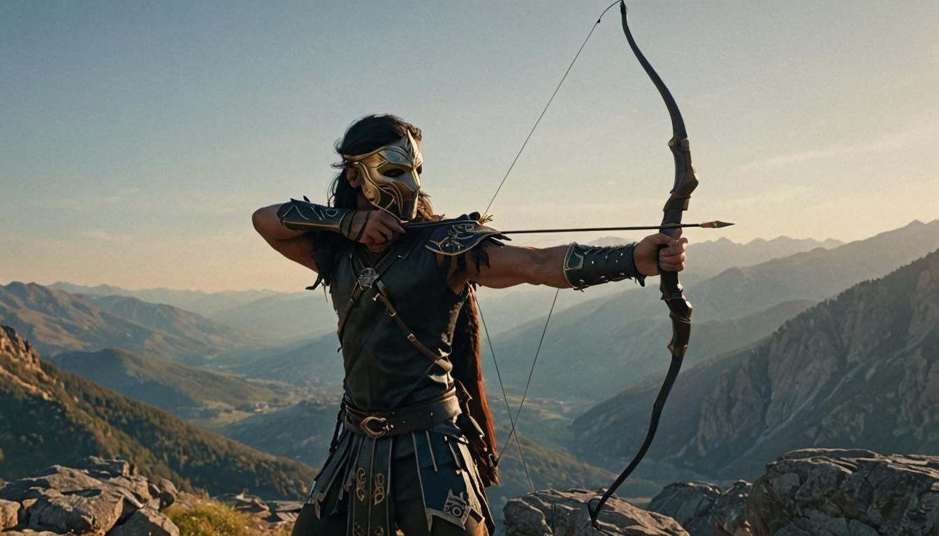 An archer shooting arrows at the break of dawn, just as the sun is rising.