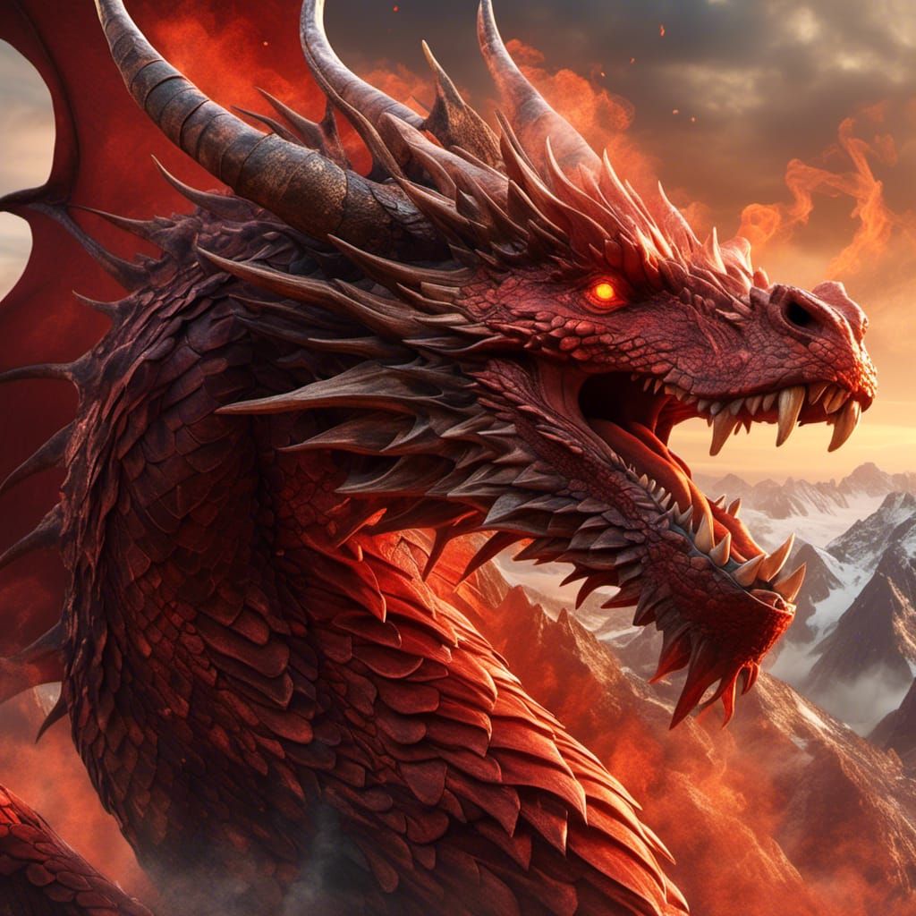 <lora:NC Hyperreal:1.0> red dragon, head, scales, flared smoke escaping nostrils, close up, hyper detailed, mountain background, realistic,...