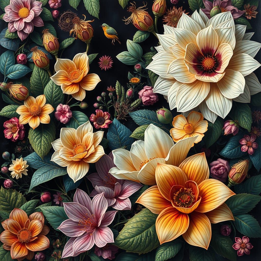 Vibrant Floral Patterns in Hyperrealistic Painting