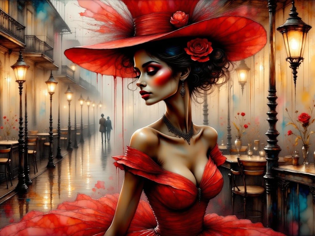 <lora:Lauras Romance:1.0> <lora:Ink Poet:1.0> surreal abstract Beautiful mature ebony woman with detailed face in an elegant red dress with ...