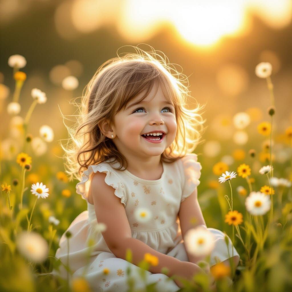 Joyful Girl in Sun-Dappled Wildflower Meadow