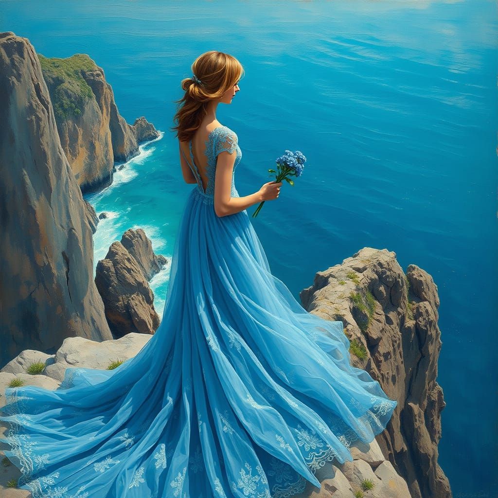 A woman in a flowing blue dress,    by @Tilted25