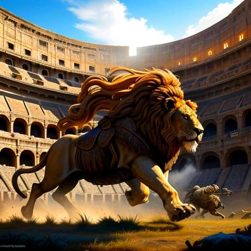 Lion Battles Giant Gladiator in Roman Colosseum