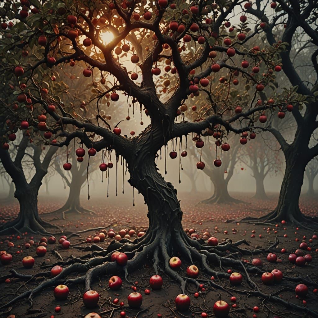 Apple's are falling from a ancient gothic melting apple tree, mesmerizing, realistic, gothic, cinematic lighting ,surreal 