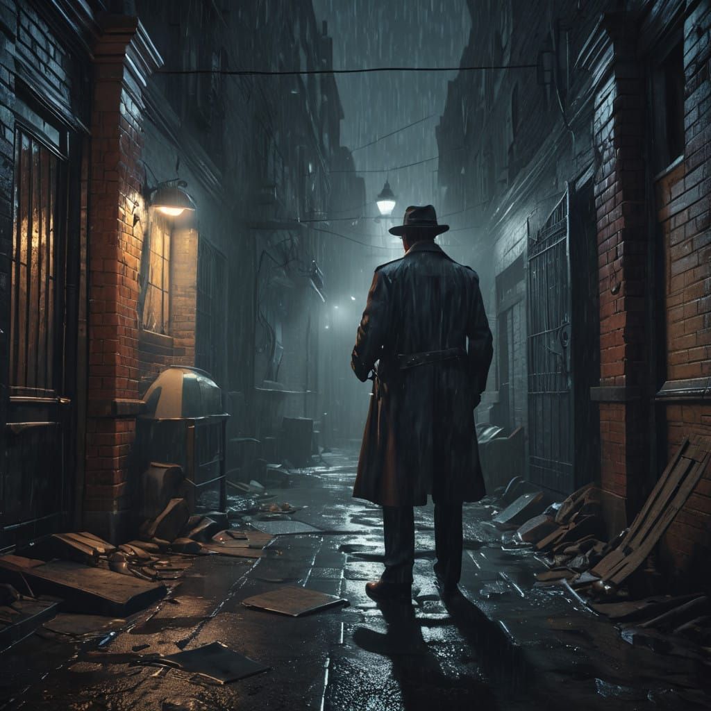 film noir-style image of a detective solving a mystery in a rainy, dimly lit alleyway.
