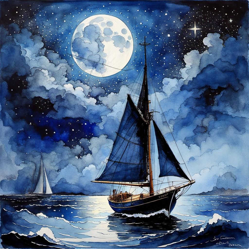 A small blue sailboat in the night  by @axelb