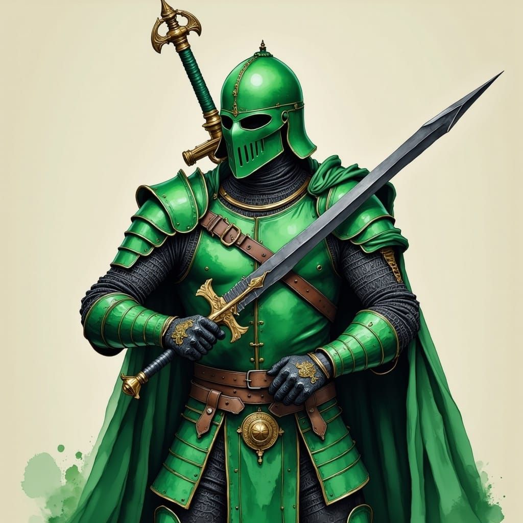 <lora:GuacaMOle Flux:1.0> A knight in green armor with black accents, filigree detailing, sword strapped to his back