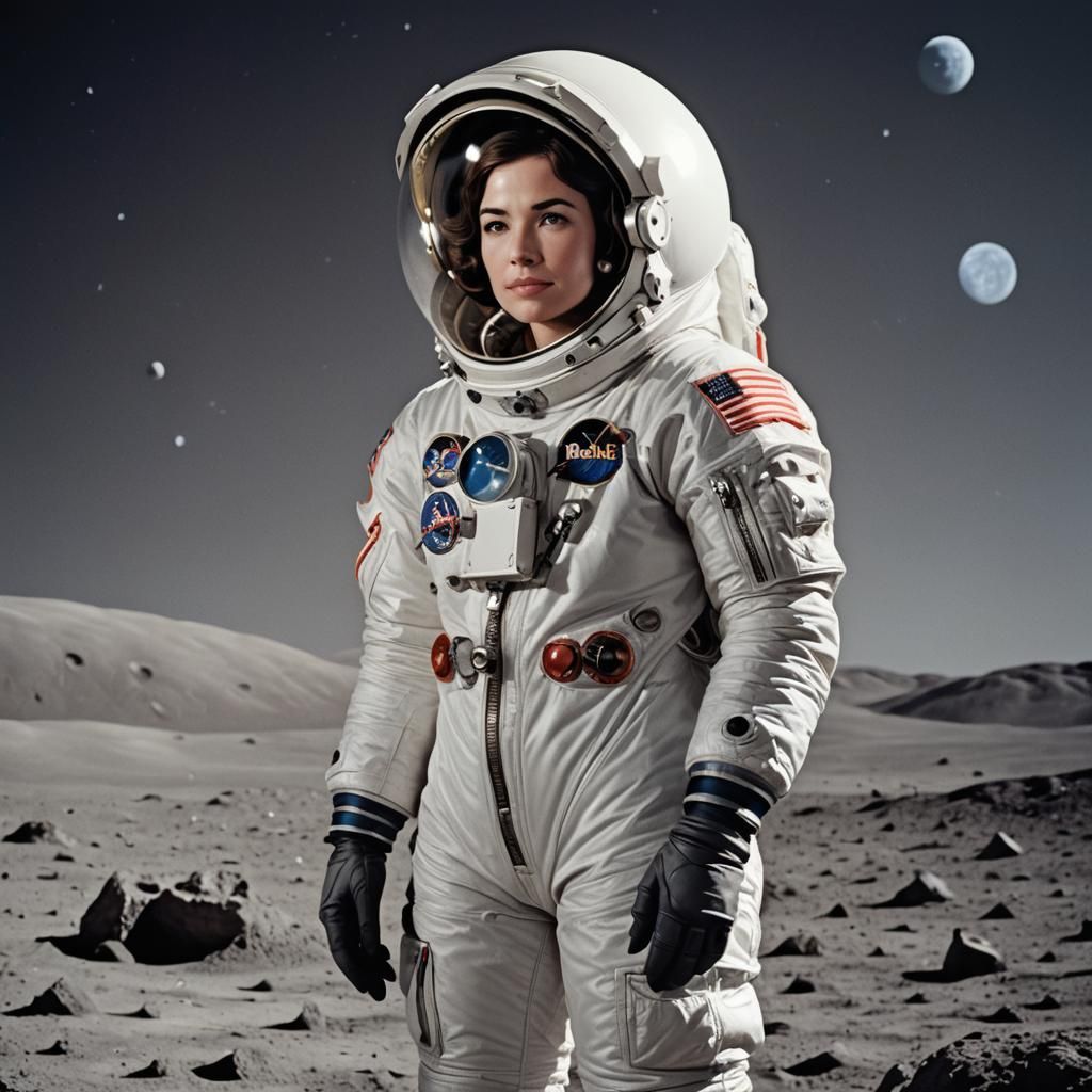 023 A beautiful female astronaut wearing a white spacesuit o...
