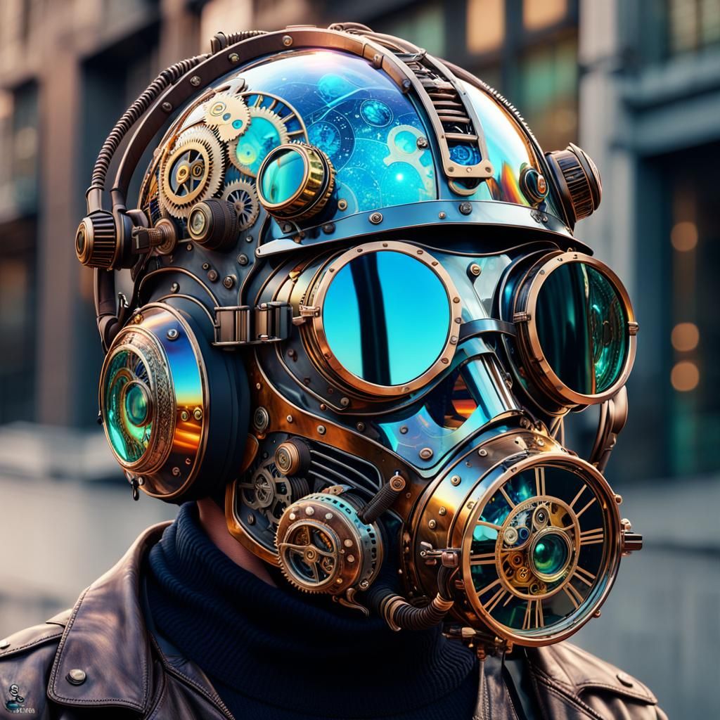 A strong mirrored helmet with a reflective face shield with steampunk glasses that show the test of time ...  by @Lori Dominick