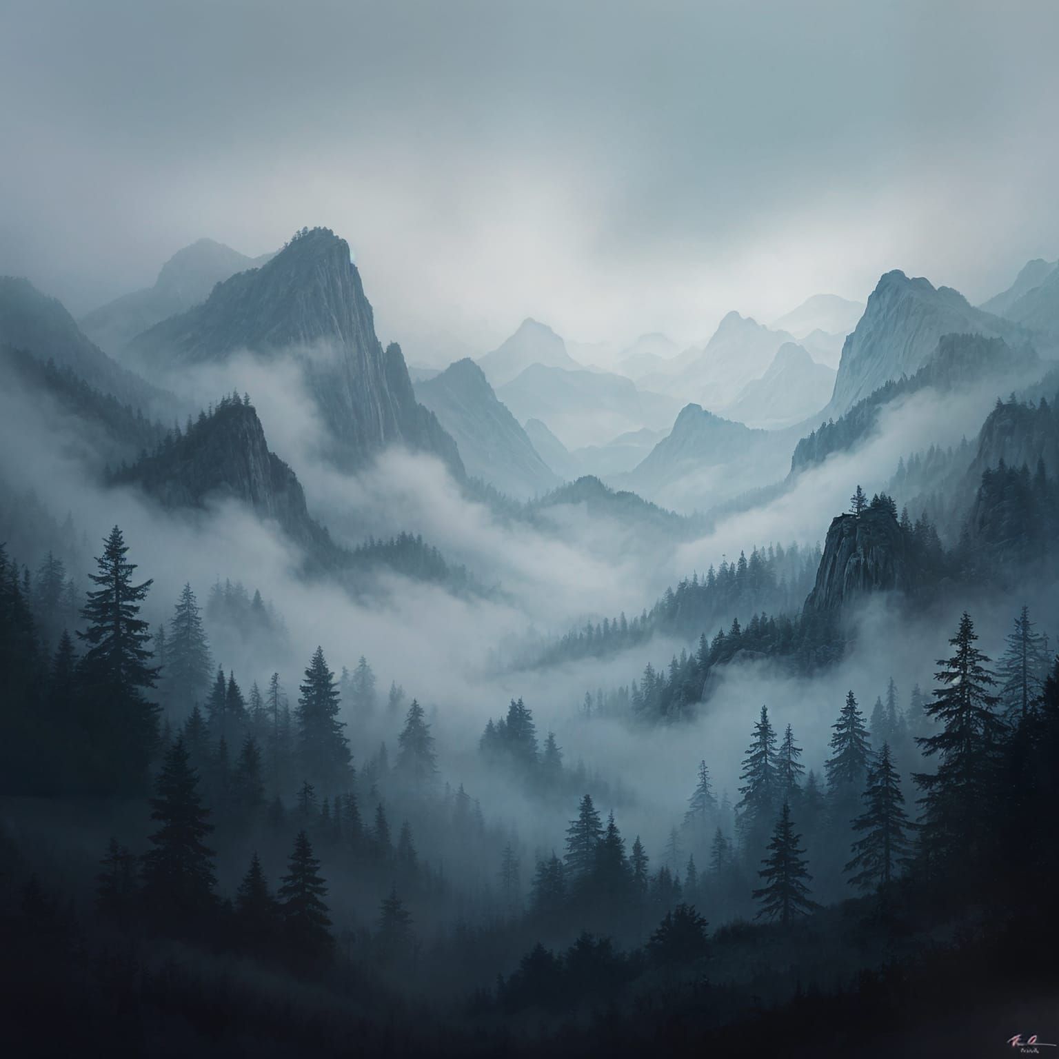 A surreal landscape where the fog doesn't just obscure but actively shapes the environment, forming abstract, dreamlike structures and disso...