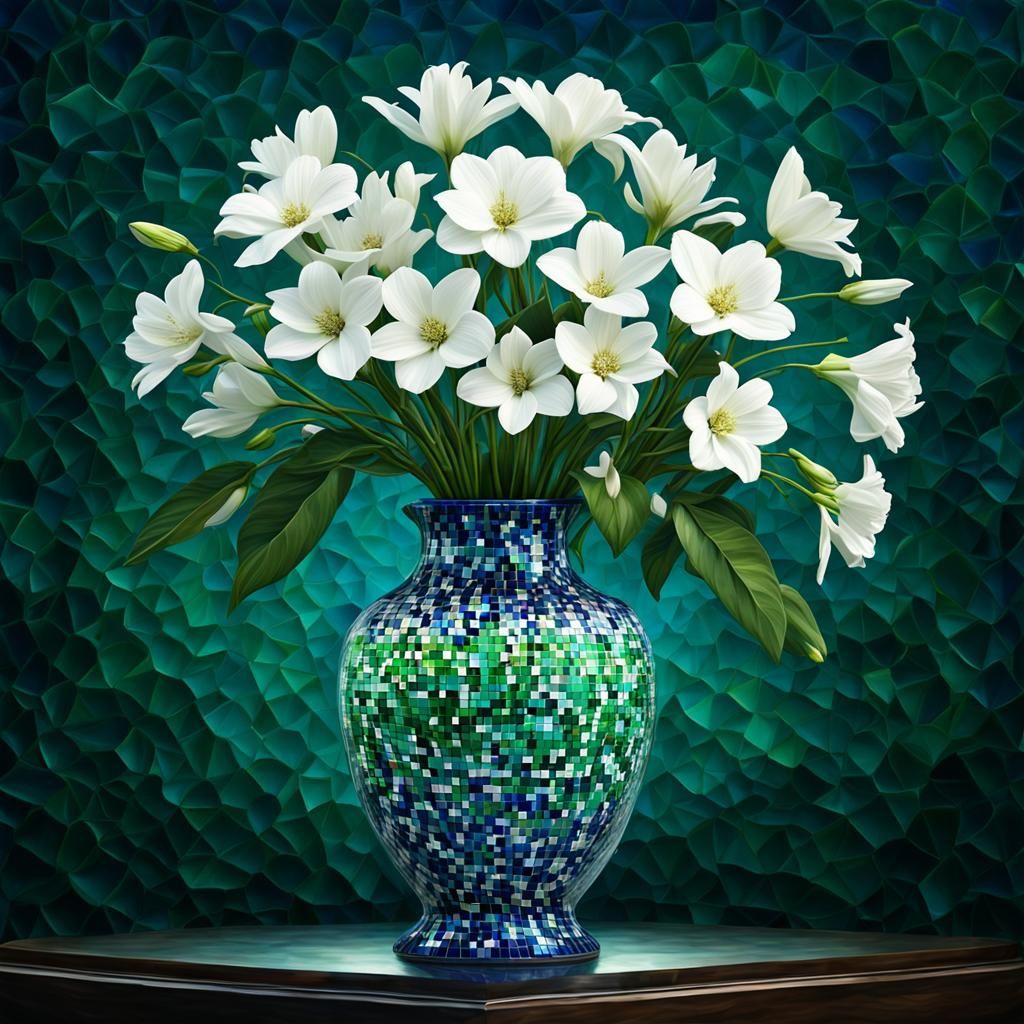 White mixed flower in a Blue green mosaic vase,round glass p...