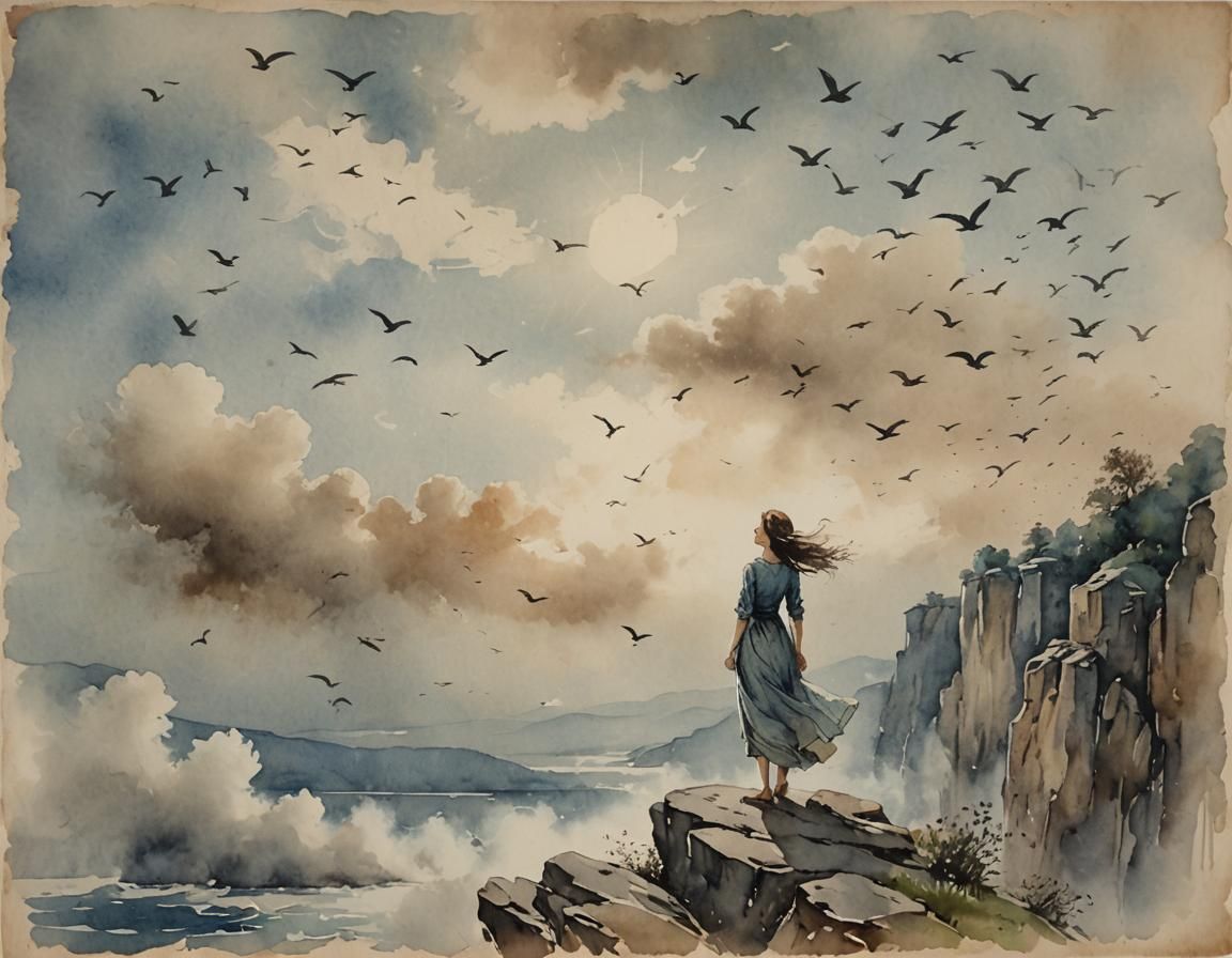 Create an antique watercolor painting of a woman dissolving into the