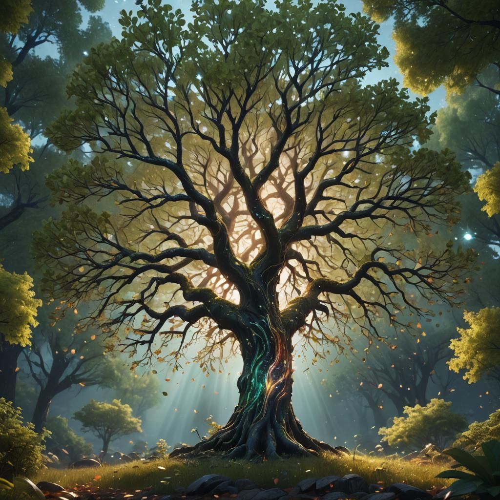 a deciduous tree with mystical sparkles coming out of the le...