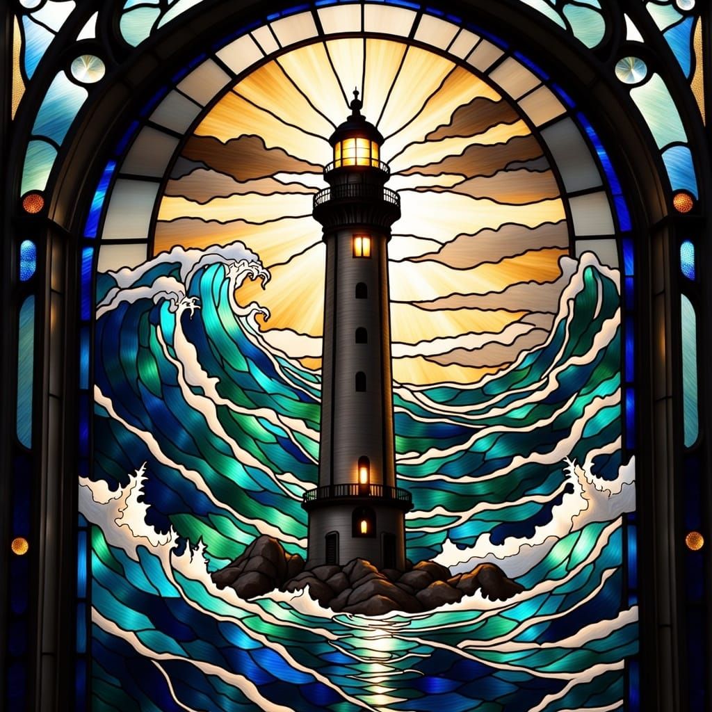Stained Glass Window :: Lighthouse in a Wild Tempest <lora:Stained Glass:1.3> 