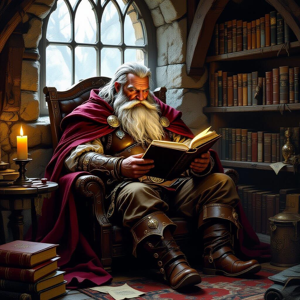 A bearded dwarf in leather-bound armor and velvet cloak, sitting in a cozy reading nook with warm candlelight, ...  by @PeteArtwork