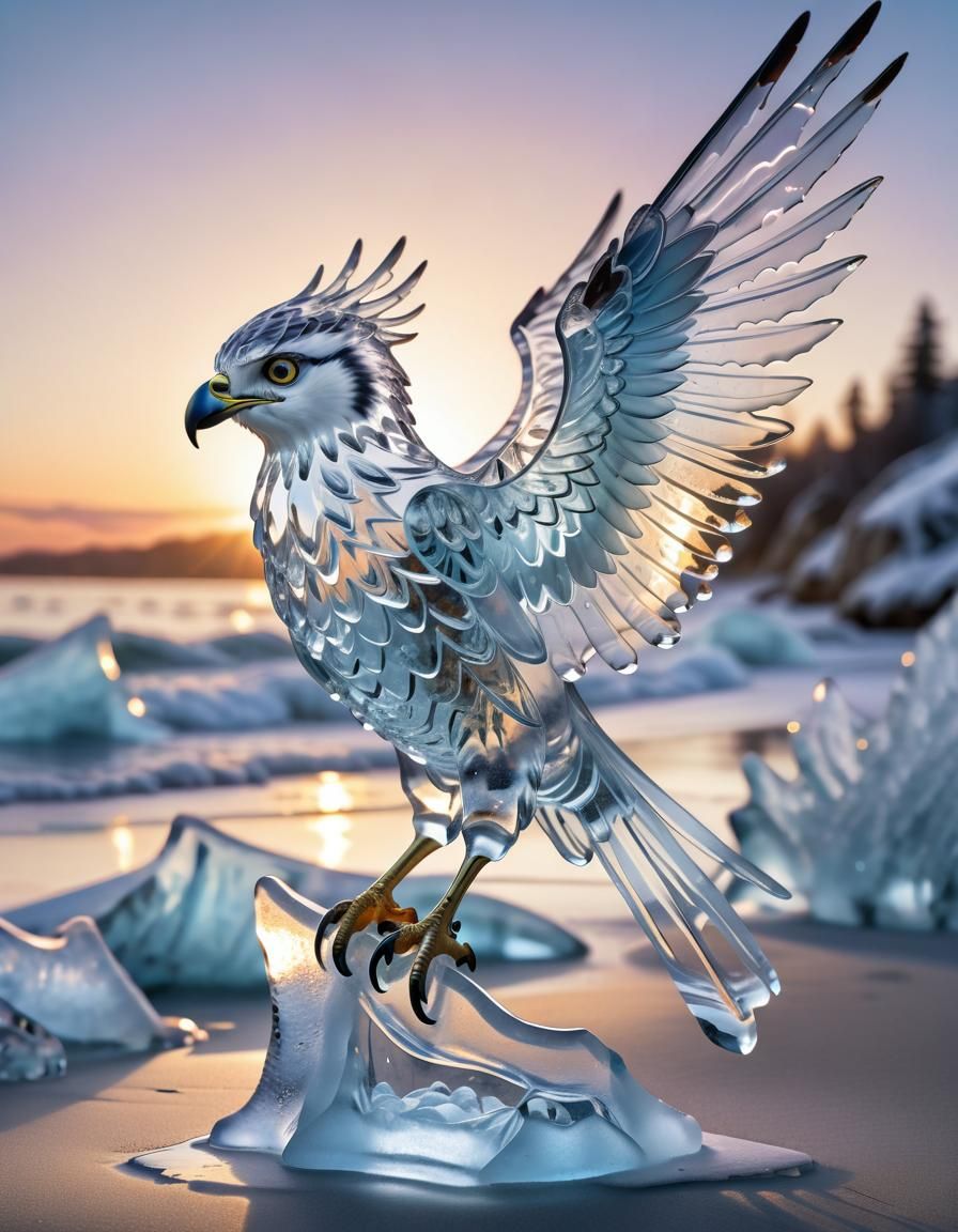 Transparent ice osprey. Frosted ice. Ice scultpure bird. Sun...