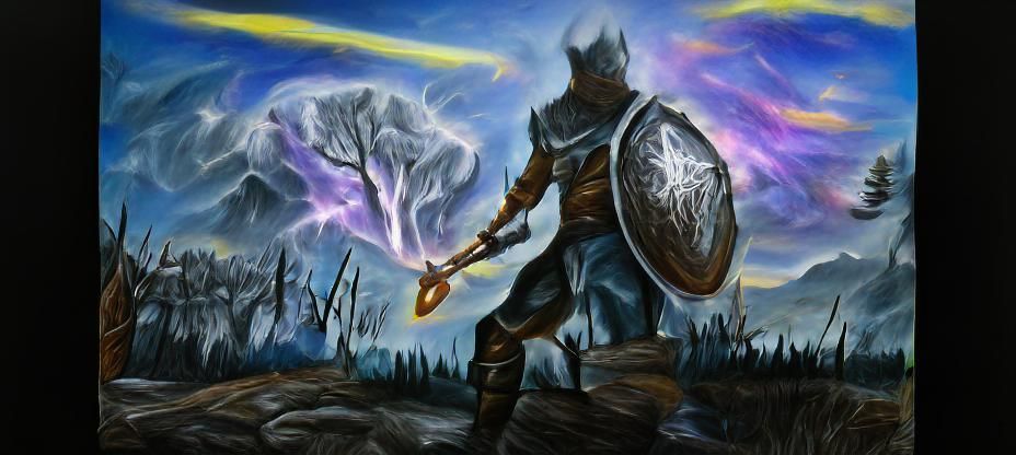 Glowing magewith axe and shield lightning  magic landscape r...