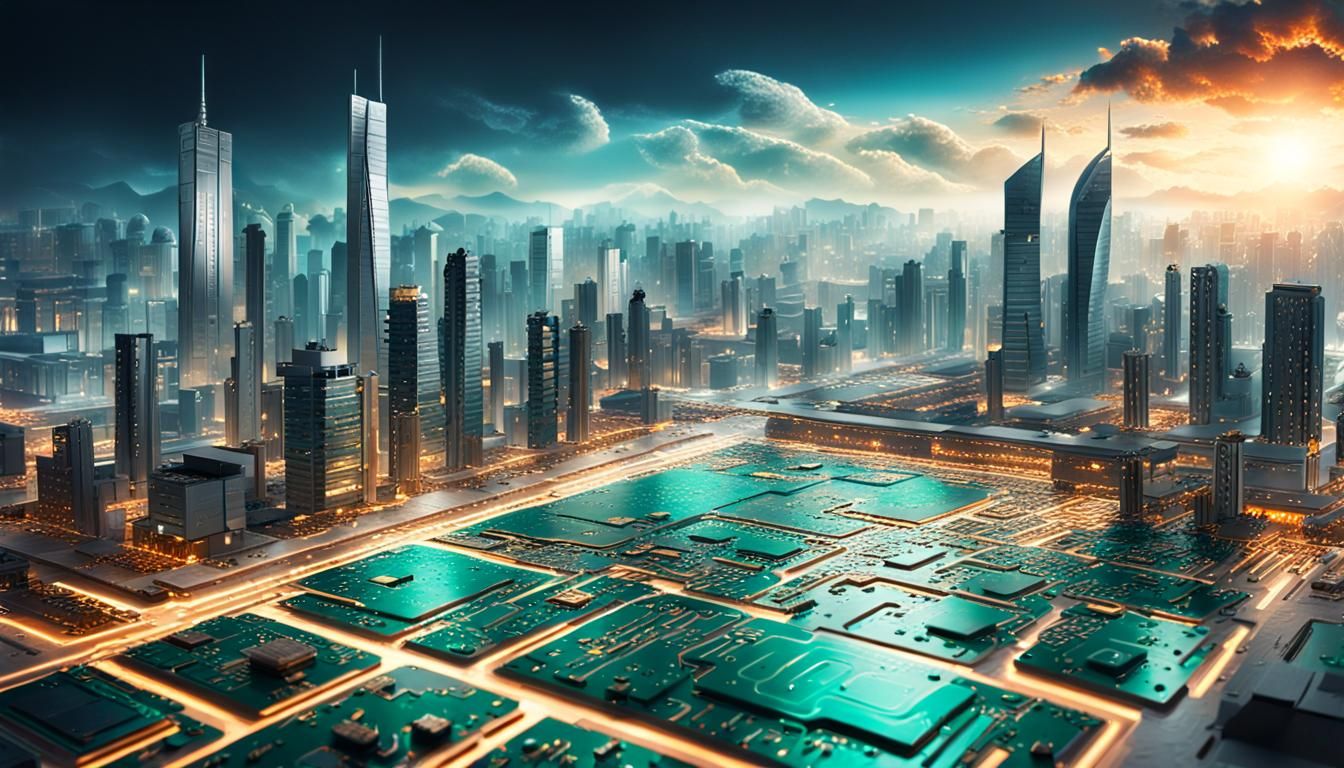 electronic circuit board, use city landscape and buildings i...