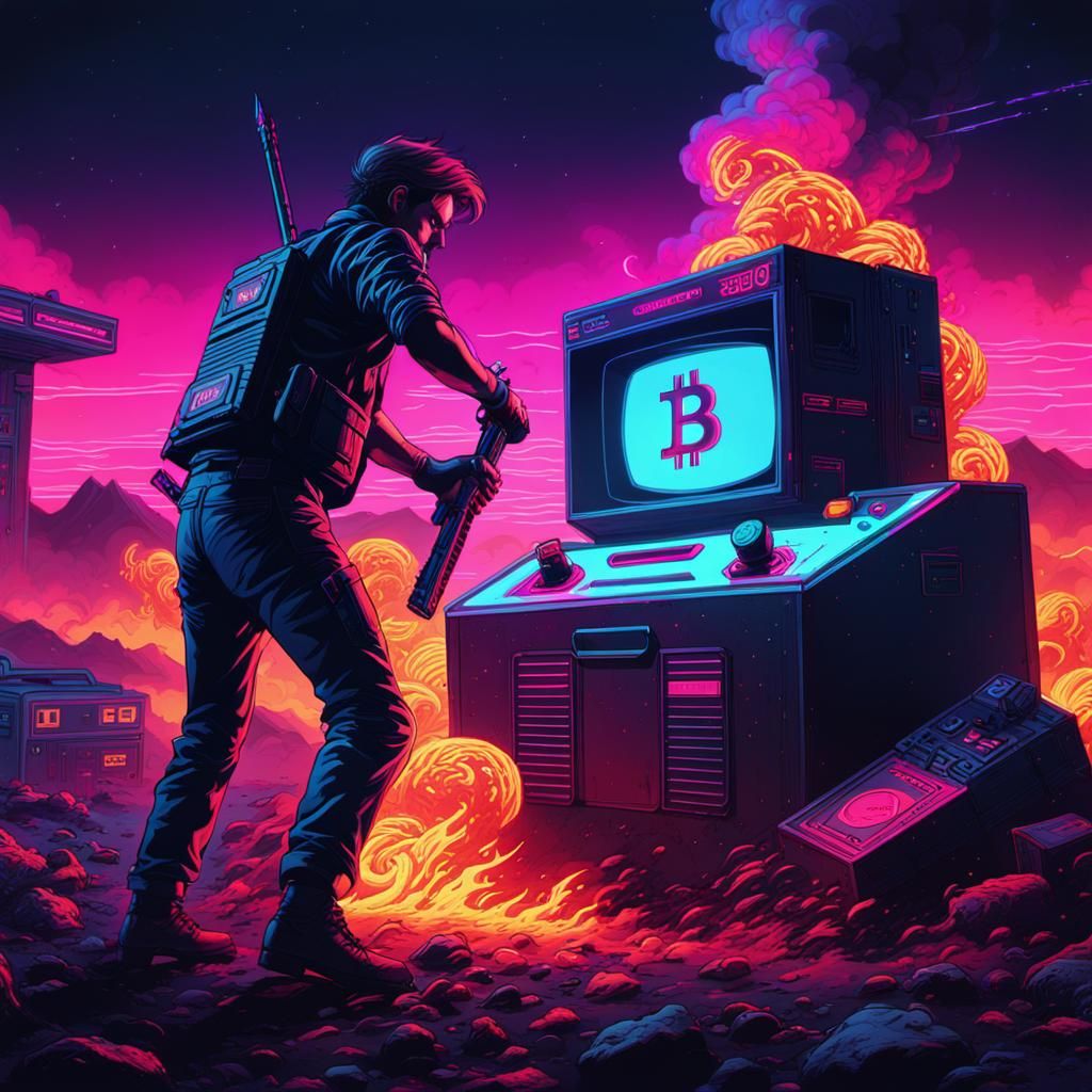 The first soldier reaches the Bitcoin boxes, and behind him are two soldiers. A picture from a fantastic distance, and a dead zombie, and fi...