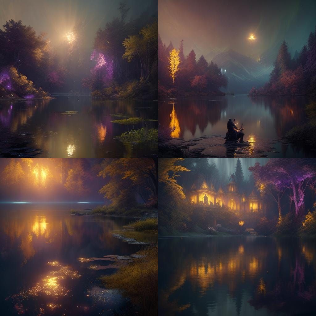 Stars Reflecting on Lake in Dark Fantasy Style