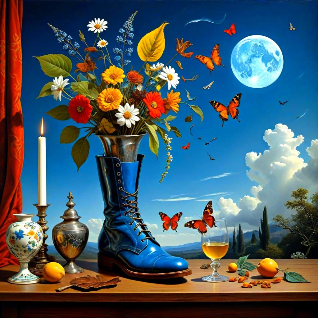 Surrealistic Masterpiece with Antique Objects and Vibrant Co...