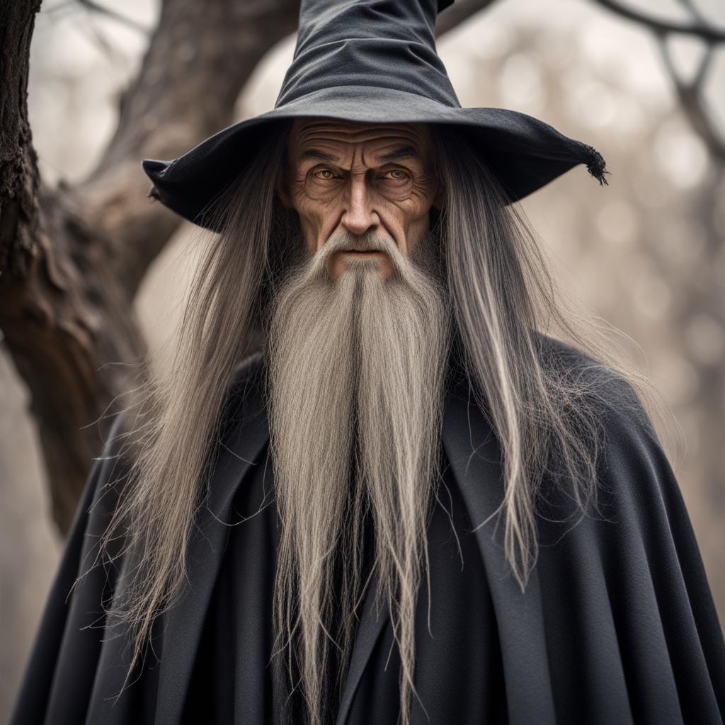 smal thin wizard, old, lined skin, evil, long hair, bald on top, small ...