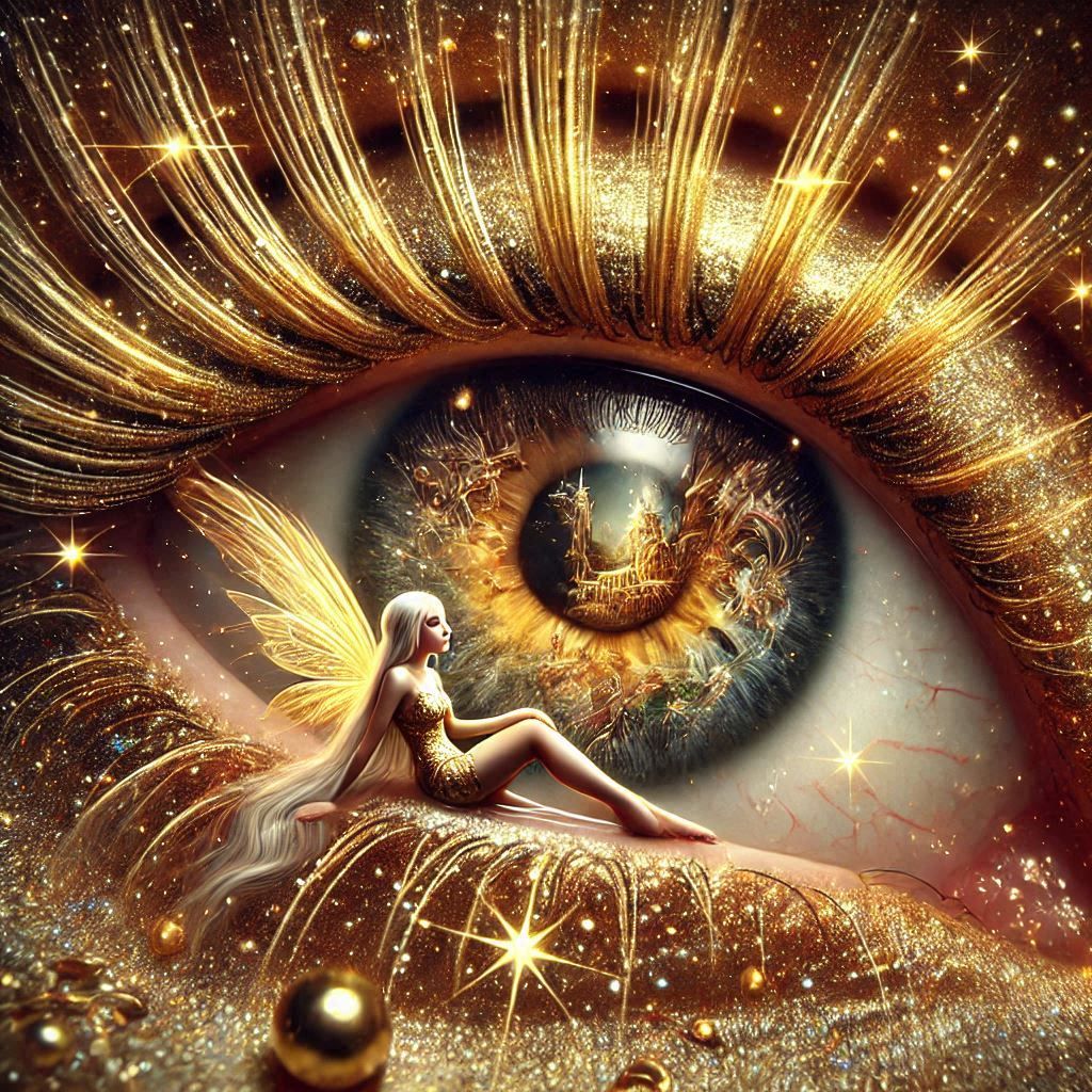 A golden fairy sitting in the eyelid